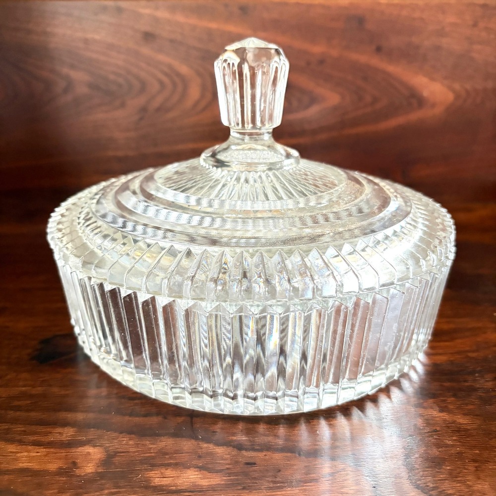Vintage Clear Pressed Glass Round Trinket Dish with Lid Sunburst Ribbed 7 Inch